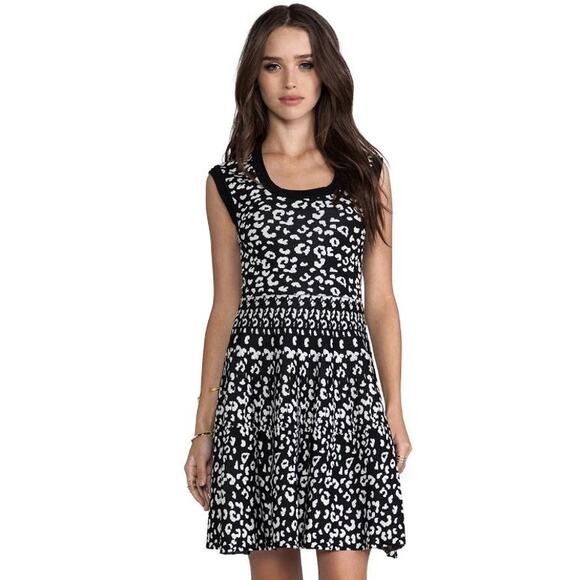 Rebecca Taylor Women's Leopard Stretch Scoop Neck Fit & Flare Stretch Knit Dress - Picture 1 of 9